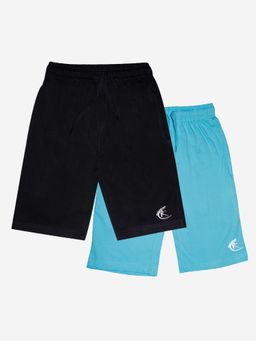 KiddoPanti - Boys Cotton Knit Knee length Jet Black & Sky Blue Basic Shorts (Pack of 2)