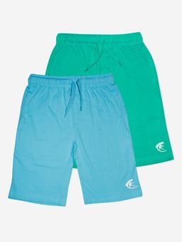 KiddoPanti - Boys Cotton Knit Knee length Sky Blue & Teal Blue Basic Shorts (Pack of 2)