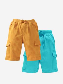 KiddoPanti - Boys Cotton Solid Knit Aqua Blue & Mustard Cargo Shorts (Pack of 2)