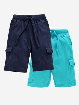 KiddoPanti - Boys Cotton Solid Knit Aqua Blue & Navy Cargo Shorts (Pack of 2)