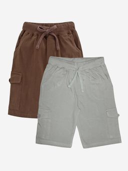 KiddoPanti - Boys Cotton Solid Knit Coffee & Steel Grey Cargo Shorts (Pack of 2)