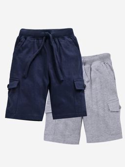 KiddoPanti - Boys Cotton Solid Knit Grey Melange & Navy Cargo Shorts (Pack of 2)