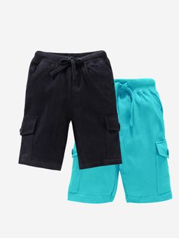 KiddoPanti - Boys Cotton Solid Knit Jet Black & Aqua Blue Cargo Shorts (Pack of 2)