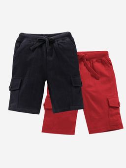 KiddoPanti - Boys Cotton Solid Knit Jet Black & Red Cargo Shorts (Pack of 2)
