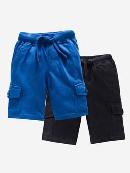 KiddoPanti - Boys Cotton Solid Knit Jet Black & Royal Blue Cargo Shorts (Pack of 2)