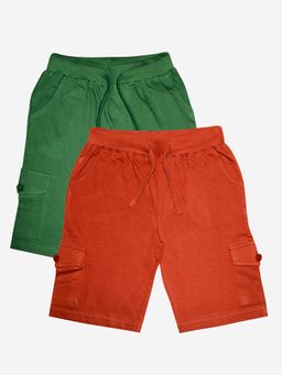 KiddoPanti - Boys Cotton Solid Knit Military Green & Brown Cargo Shorts (Pack of 2)