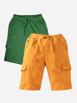 KiddoPanti - Boys Cotton Solid Knit Military Green & Mustard Cargo Shorts (Pack of 2)