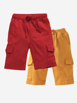 KiddoPanti - Boys Cotton Solid Knit Mustard & Red Cargo Shorts (Pack of 2)