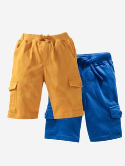 KiddoPanti - Boys Cotton Solid Knit Mustard & Royal Blue Cargo Shorts (Pack of 2)