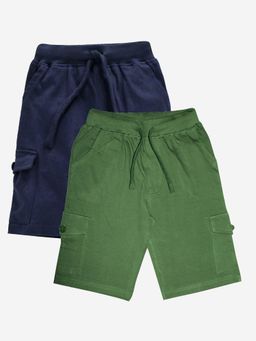 KiddoPanti - Boys Cotton Solid Knit Navy & Military Green Cargo Shorts (Pack of 2)