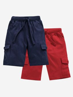 KiddoPanti - Boys Cotton Solid Knit Red & Navy Cargo Shorts (Pack of 2)