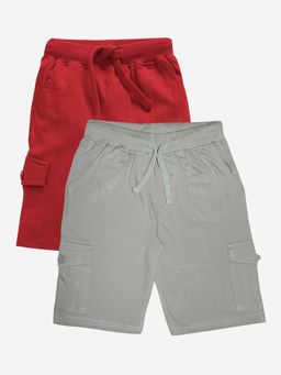 KiddoPanti - Boys Cotton Solid Knit Red & Steel Grey Cargo Shorts (Pack of 2)