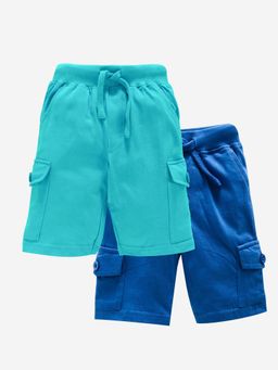 KiddoPanti - Boys Cotton Solid Knit Royal Blue & Aqua Blue Cargo Shorts (Pack of 2)