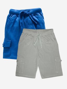 KiddoPanti - Boys Cotton Solid Knit Royal Blue & Steel Grey Cargo Shorts (Pack of 2)