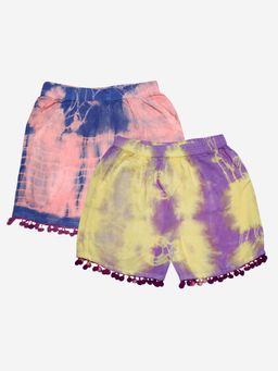 KiddoPanti - Girls Multi-Color Pom Pom Lace Hem Tie and Dye Shorts (Pack of 2)
