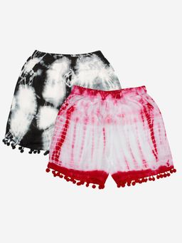 KiddoPanti - Girls Multi-Color Pom Pom Lace Hem Tie and Dye Shorts (Pack of 2)