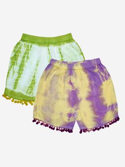 KiddoPanti - Girls Multi-Color Pom Pom Lace Hem Tie and Dye Shorts (Pack of 2)
