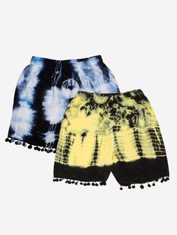KiddoPanti - Girls Multi-Color Pom Pom Lace Hem Tie and Dye Shorts (Pack of 2)