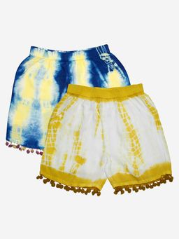 KiddoPanti - Girls Multi-Color Pom Pom Lace Hem Tie and Dye Shorts (Pack of 2)
