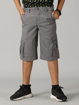 KiddoPanti - Boys Cotton Twill Knee Length Grey Cargo Shorts