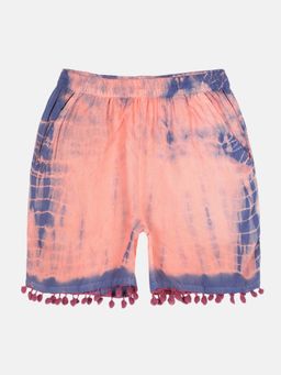 KiddoPanti - Girls Multi-Color Pom Pom Lace Hem Tie and Dye Shorts