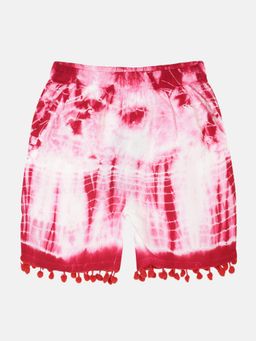KiddoPanti - Girls Multi-Color Pom Pom Lace Hem Tie and Dye Shorts