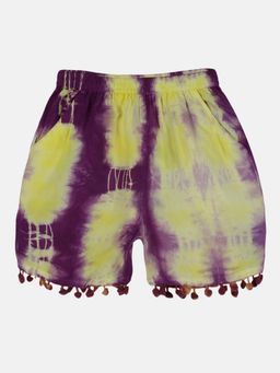 KiddoPanti - Girls Multi-Color Pom Pom Lace Hem Tie and Dye Shorts