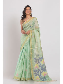 Angoshobha - Women Green Floral Jamdani Saree with Unstitched Blouse