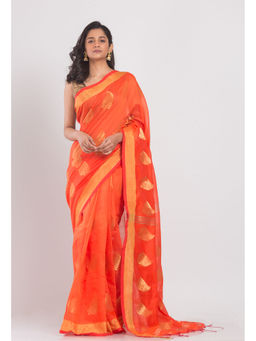 Angoshobha - Women Orange Floral Jacquard Saree with Unstitched Blouse
