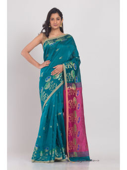 Angoshobha - Women Teal Green Floral Jacquard Saree with Unstitched Blouse