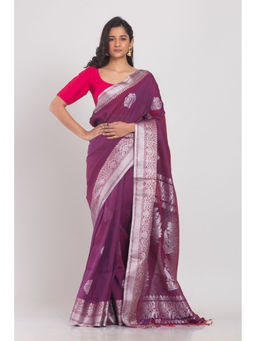 Angoshobha - Women Purple Floral Jamdani Saree with Unstitched Blouse