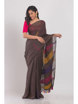 Angoshobha - Women Brown Woven Linen Saree with Unstitched Blouse
