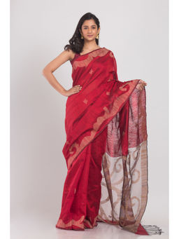 Angoshobha - Women Red Woven Jamdani Saree with Unstitched Blouse