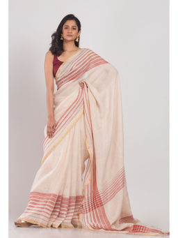 Angoshobha - Women Off White Stripes Linen Saree with Unstitched Blouse