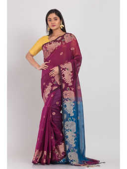 Angoshobha - Women Wine Woven Saree with Unstitched Blouse