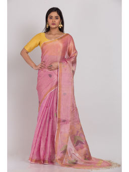 Angoshobha - Women Pink Floral Jamdani Saree with Unstitched Blouse