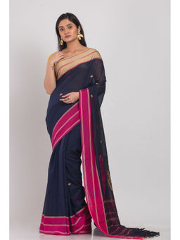 Angoshobha - Women Navy Blue Floral Jamdani Saree with Unstitched Blouse
