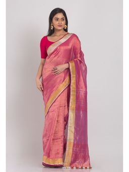 Angoshobha - Women Pink Woven Tissue Saree with Unstitched Blouse