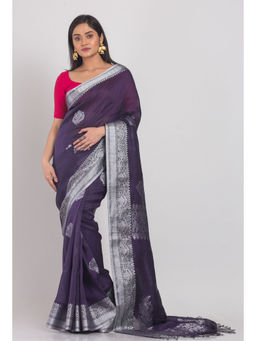 Angoshobha - Women Navy Blue Floral Jamdani Saree with Unstitched Blouse