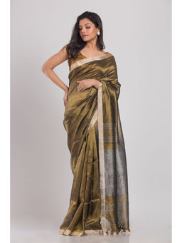 Angoshobha - Women Olive Woven Tissue Saree with Unstitched Blouse