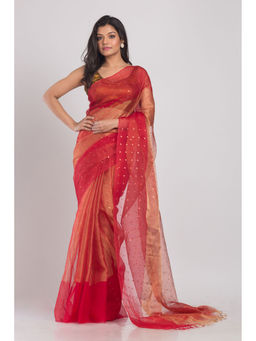 Angoshobha - Women Red Colorblock Saree with Unstitched Blouse