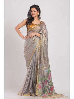 Angoshobha - Women Grey Floral Jamdani Saree with Unstitched Blouse