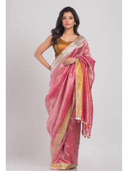 Angoshobha - Women Pink Woven Tissue Saree with Unstitched Blouse