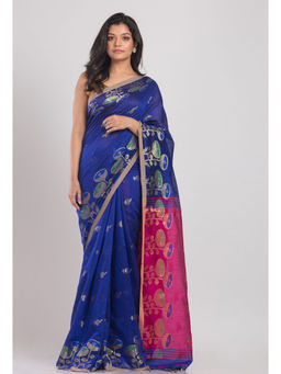 Angoshobha - Women Blue Floral Jacquard Saree with Unstitched Blouse