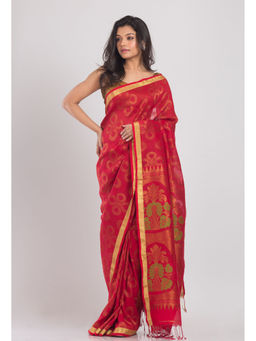 Angoshobha - Women Red Floral Jamdani Saree with Unstitched Blouse
