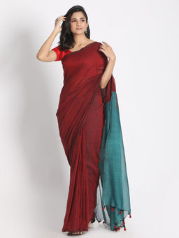 Angoshobha - Women Maroon Colorblock Saree with Unstitched Blouse