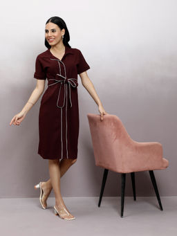 AAREIN - Burgundy Solid A-Line Knee Length Dress