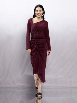 AAREIN - Burgundy Solid Bodycon Midi Dress