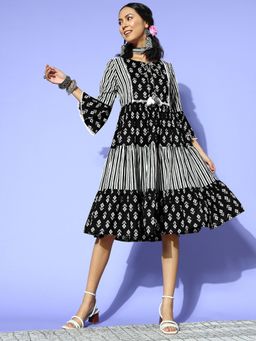 Yufta - Women Black Striped Cotton A Line Frill Dress