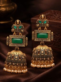 Fabula - Matte Gold Statement Look Green Jhumka Earrings